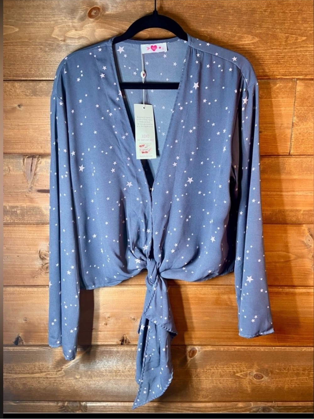 Buddy Love “Gayle Galaxy” Blue Star Print Tie-Front Blouse Size Medium ⭐️